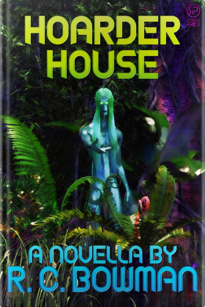 The cover of Hoarder House, featuring a blue-green humanoid figure in a tropical jungle