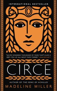 The cover of Circe in orange and black, with a woman's face in an ancient Greek art style.