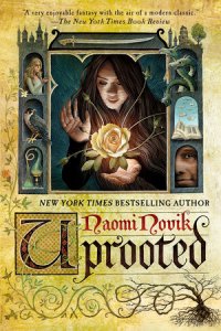 The cover of Uprooted, with illustrations of key items from the book.